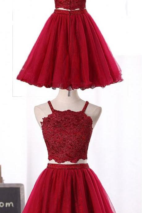 Wine Red Two Piece Tulle And Lace Homecoming Dress, Lovely Party Dresses 2019