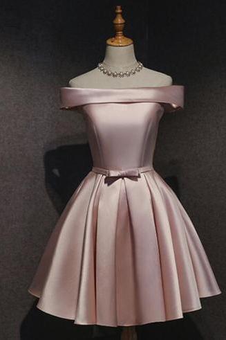 Pink Satin Off Shoulder Lovely Handmade Homecoming Dress 2019, Charming Short Prom Dresses