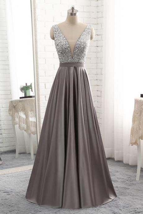 Beautiful Grey Satin and Beaded Long Prom Dress 2019, Grey Evening Gowns 2019
