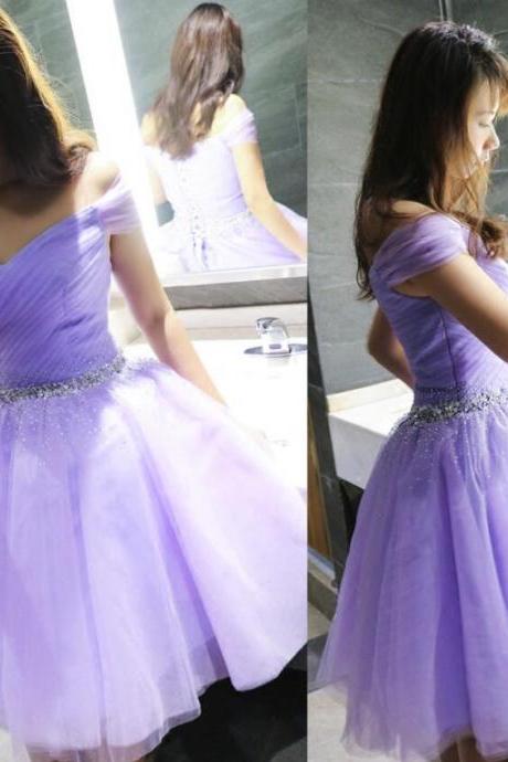 Beautiful Lavender Beaded Waist Cute Tulle Party Dress 2019, Short Prom Dresses