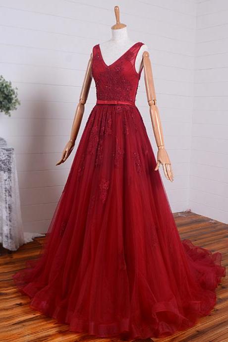 Wine Red Handmade Long Junior Prom Dress With Lace Applique, Charming Formal Gowns 2019