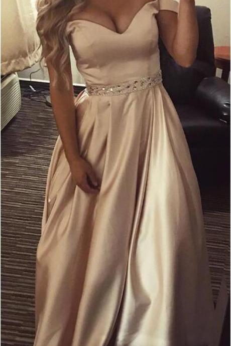 Beautiful Off Shoulder Satin Beaded Floor Length Party Gown, Pink Formal Dresses 2019