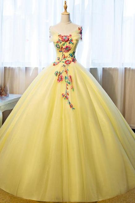 Beautiful Yellow Tulle Long Prom Dress, Sweet 16 Gowns, Yellow Formal Dresses 2019