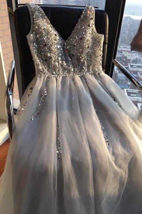 Beautiful Light Grey Beaded Tulle Long Formal Gown, V Back Floor Length Junior Prom Dress