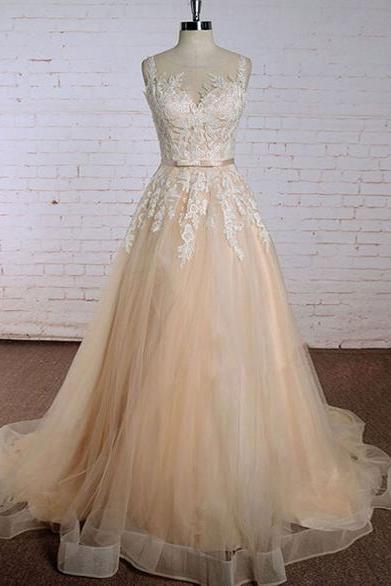 Beautiful Champagne And Tulle Straps Floor Length Prom Dress 2019, Lovely Long Party Gowns