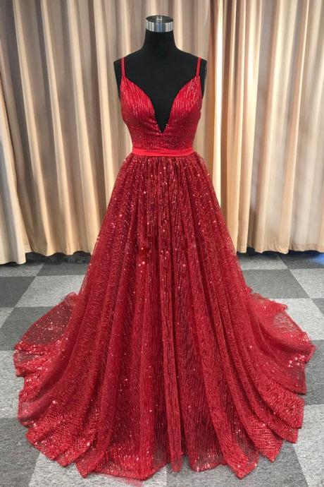 Red Sequins V-neckline Sparkle Prom Dress 2019, Red Formal Dress 2019