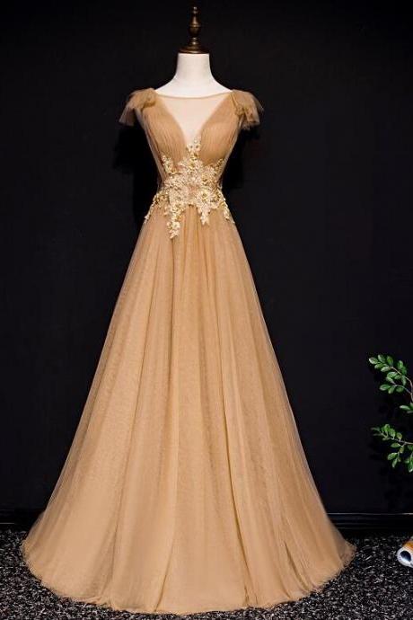 Gold Tulle Long Party Gown With Applique, Elegant Formal Dress 2019