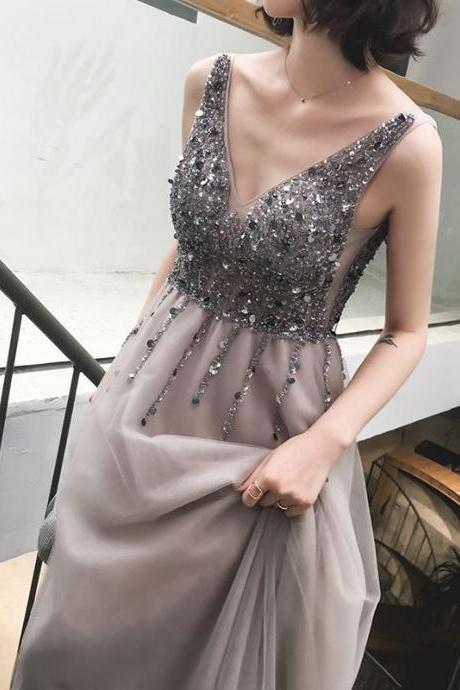 Grey Sequins Beaded V-neckline Tulle Formal Dress 2019, Grey Party Gowns, Prom Dresses 2019