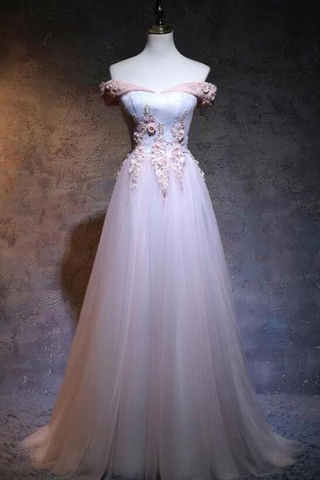 Light Pink Tulle With Lace Applique Off Shoulder Prom Dress 2019, Long Party Gowns 2019