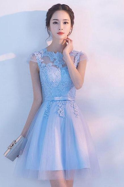 Light Blue Short Homecoming Dress with Lace Applique, Short Party Dress 2019