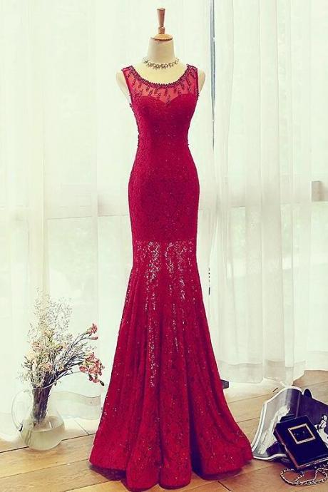 Beautiful Wine Red Lace And Beaded Long Evening Formal Gown, Party Dress 2019