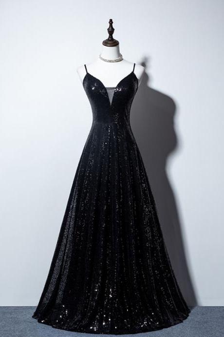 Black Sequins V-neckline Beautiful Prom Dress 2019, Charming Party Gowns, Prom Dress 2019