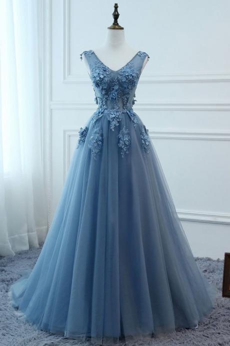 Beautiful Blue Tulle Prom Dress 2019, Long Party Gowns, Prom Dresses 2019