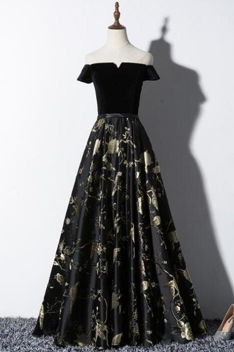 Beautiful Simple Black Floral Satin And Velvet Party Dress, Black Prom Dress 2019