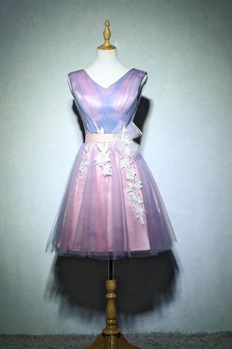 Beautiful Blue And Pink V-neckline Knee Length, Short Prom Dresses 2019