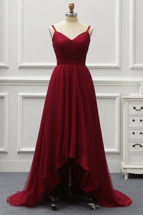Lovely Wine Red Straps Tulle High Low Party Dress 2019, Long Formal Gowns 2019