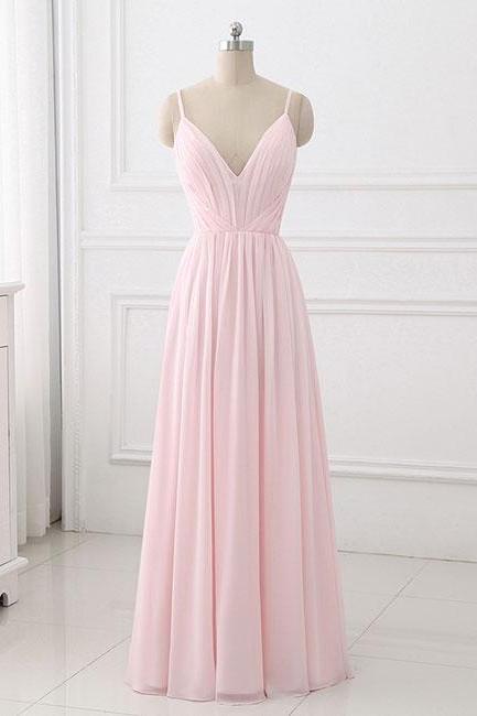 Pink Simple V-neckline Straps Party Dress, Chiffon Pink Party Gowns 2019