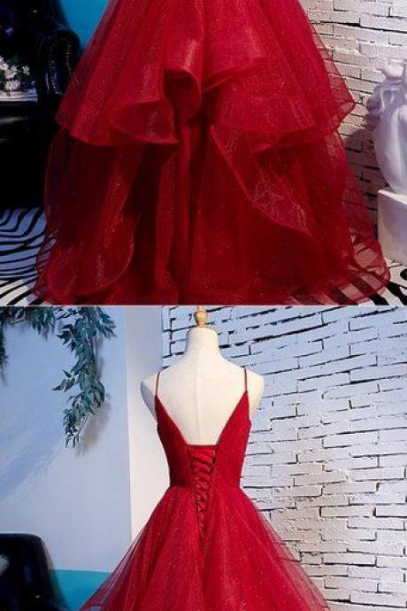 Wine Red Straps V-neckline Floor Length Princess Gown, Beautiful Tulle Party Dress 2019