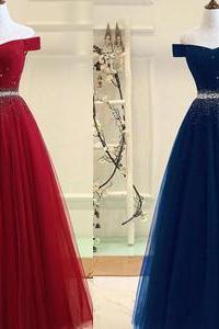 Elegant Beaded Tulle A-line Handmade Formal Dress, Off Shoulder Party Gown 2019