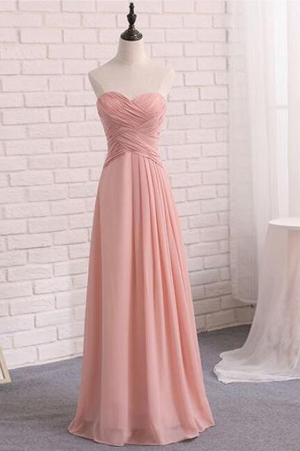Pink Chiffon Sweetheart Long Party Dress 2019, Pink Bridesmaid Dress 2019