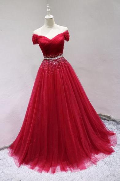 Charming Red Handmade Off Shoulder Tulle Party Gown 2019, Red Formal Dress 2019