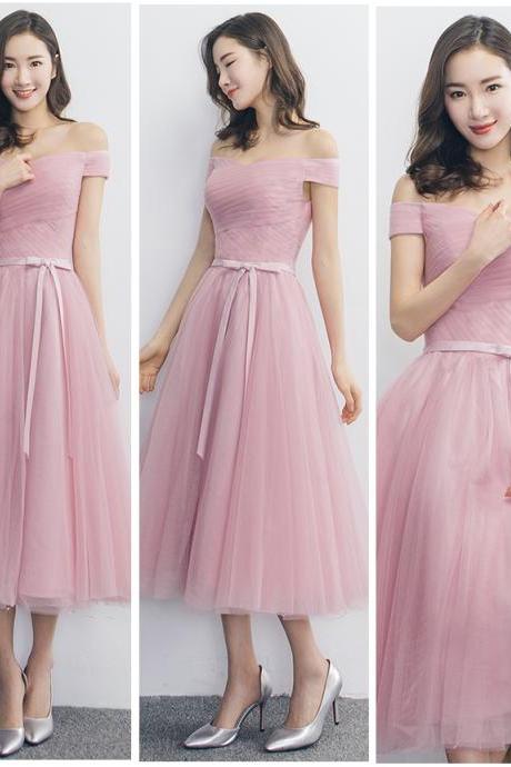 Beautiful Dark Pink Tea Length Tulle Party Dress 2019, Off Shoulder Bridesmaid Dress 2019