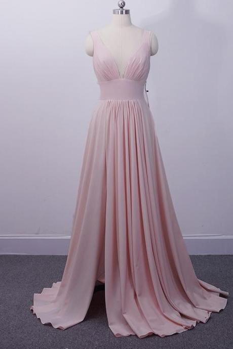 Pink Chiffon Slit V-neckline Prom Dress, Pink Bridesmaid Dress 2019, Sexy Formal Dress