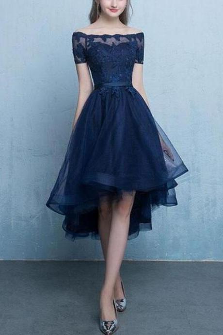 Chic Navy Blue Tulle High Low With Lace Applique Party Dresses, Blue Homecoming Dresses