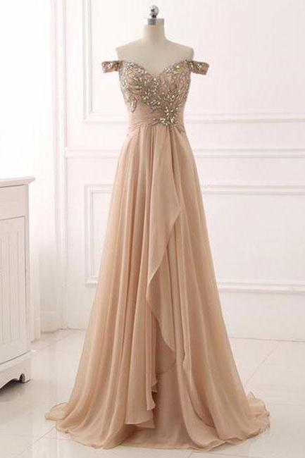 Elegant Champagne Beaded Sweetheart A-line Chiffon Prom Dress, Long Prom Dress 2019