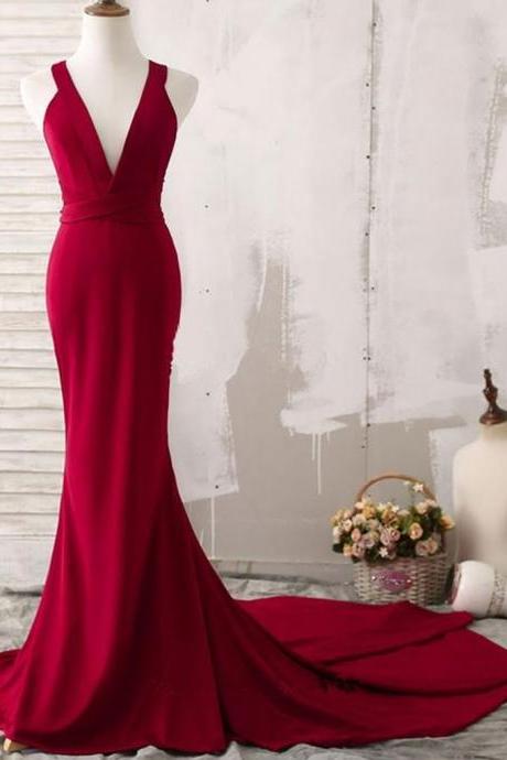 Beautiful Red Mermaid Long Cross Back Party Dress 2019, Beautiful Red Evening Gown
