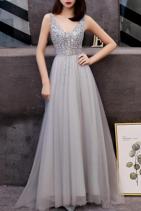 Grey Tulle And Beaded V-neckline Prom Dress, Beautiful Handmade Formal Gown 2019