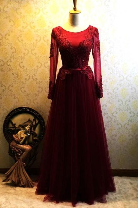 Beautiful Wine Red Long Sleeves Wedding Party Dress, Tulle Bridesmaid Dress 2019