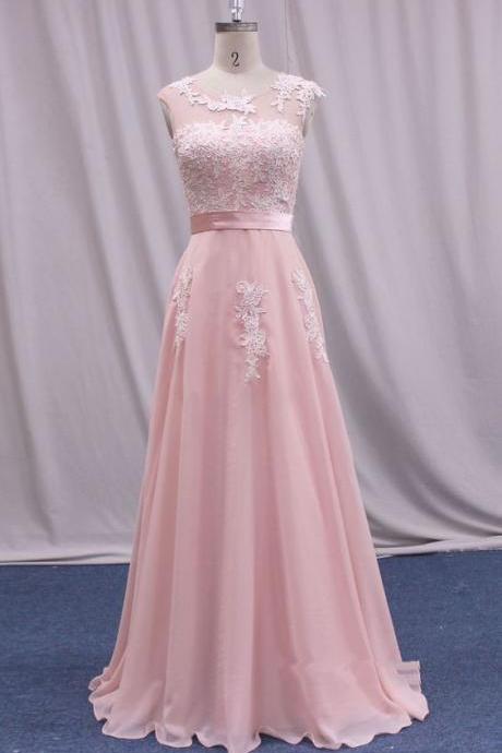 Charming Pink Chiffon Round Neckline Floor Length Party Dress 2019, Pink Bridesmaid Dresses 2019