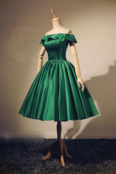 Green Off Shoulder Satin Homecoming Dress 2019, Green Vintage Style Party Dress 2019