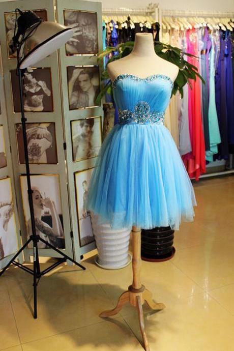Beautiful Blue Tulle Beaded Cute Homecoming Dress, Charming Short Party Dress