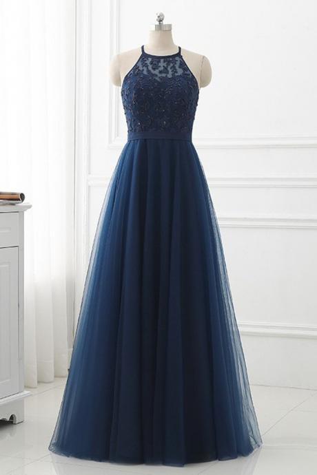 Beautiful Halter Navy Blue Tulle Applique Long Formal Dress, Junior Party Dresses 2019