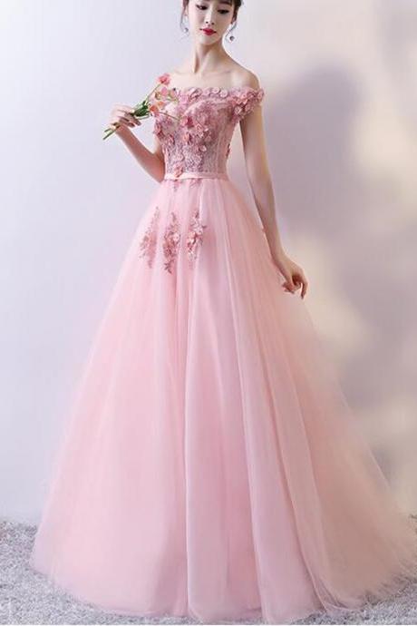 Beautiful Pink Tulle With Flowers Applique Long Formal Gown, Pink Prom Dresses
