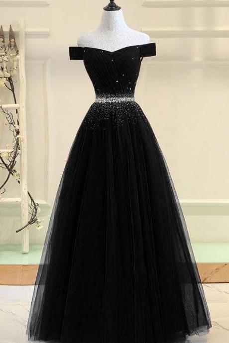Black Tulle Beaded Long Off Shoulder Formal Dress, Black Party Gown 2019