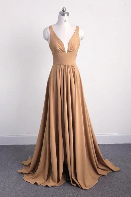Beautiful V-neckline Chiffon Long Party Gown 2019, Champagne Long Formal Dresses 2019