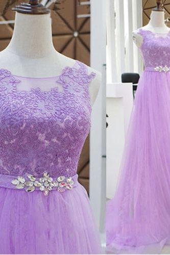 Light Purple Tulle Long With Lace Top Formal Gown, Lavender Party Dress With Belt