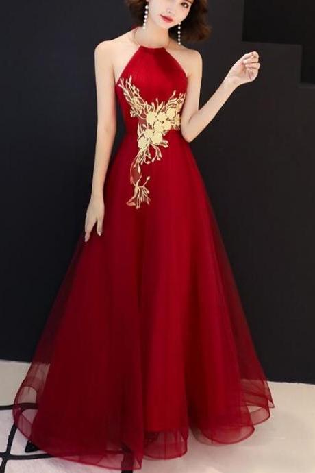 Wine Red Tulle Halter Tulle Long Party Dress, Charming Gowns 2019