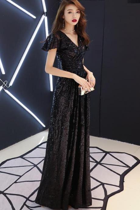Black Sequins Cap Sleeves Bridesmaid Dress 2019, Long Party Dress 2019