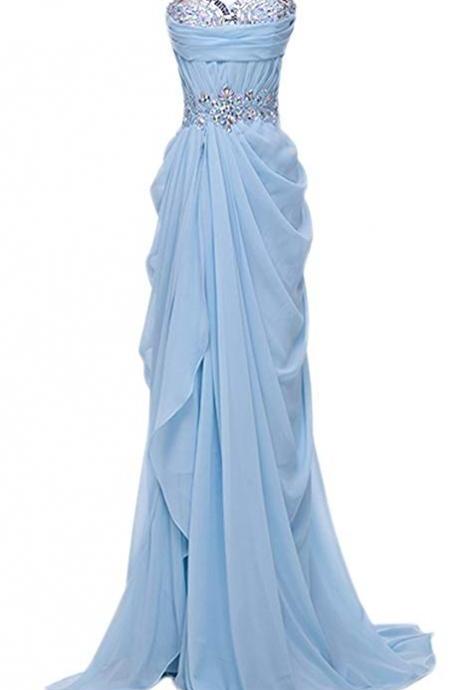 Light Blue Chiffon Sweetheart Beaded Long Formal Dress 2019, Blue Gown