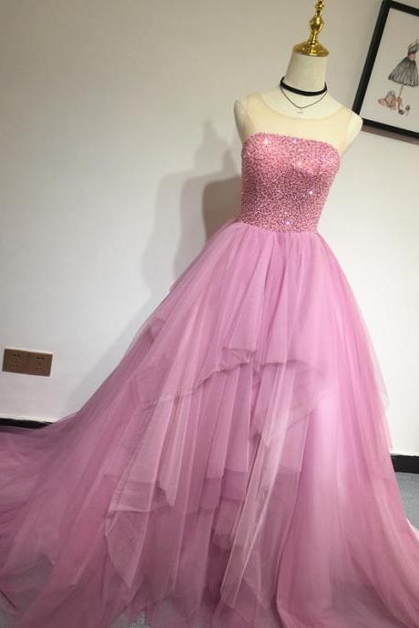 Sweet Pink 16 Dresses, Pink Tull and Beaded Long Party Dress 2019