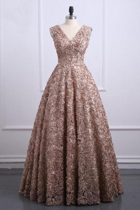 Beautiful Lace Champagne V-neckline Long Party Gown, Long Formal Dress 2019