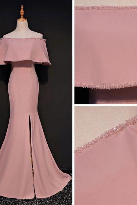 Simple Trumpet/mermaid Off-the-shoulder Floor Length Pink Satin Prom Dress Evening Dress