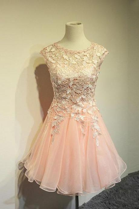 Cute Pink Knee Length Lace Top Party Dress, Women Formal Dress 2019