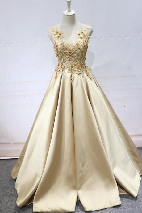 Light Champagne Satin Long With Lace Applique Party Dress, Long Formal Gown