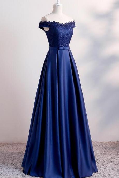 Beautiful Navy Blue Satin Long Party Dress 2019, Long Bridesmaid Dresses