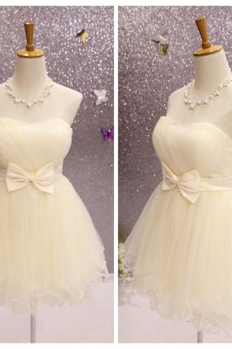 Cute Champagne Short Tulle Sweetheart Party Dress With Bow, Lovely Formal Dress 2019